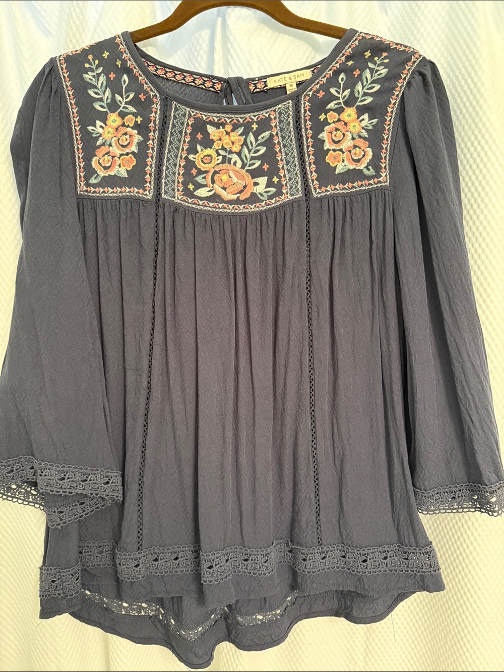 Embroidered Peasant Blouse in dust blue with Floral Accents by Kate & Sam